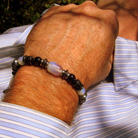 CAMELYS MAGIC 4 MEN - Men stone Opal Bracelet Tourmaline Hematite Onyx Moonstone Coco wood, Handmade bracelet men gift