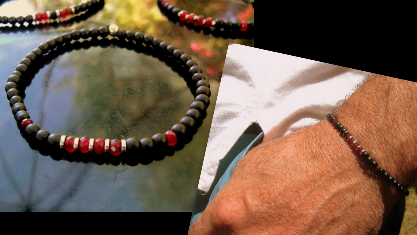 Men tiny RUBY Onyx Tourmaline Black Diamond Spinel Hematite bracelet, protection precious stone handmade slim bracelet men gift