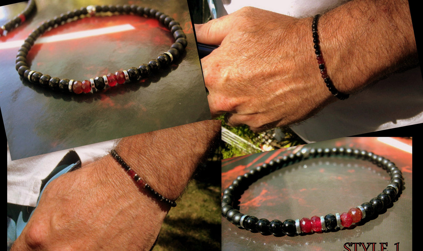 Men tiny RUBY Onyx Tourmaline Hematite Black Diamond Spinel bracelet, protection precious stone handmade slim bracelet men gift