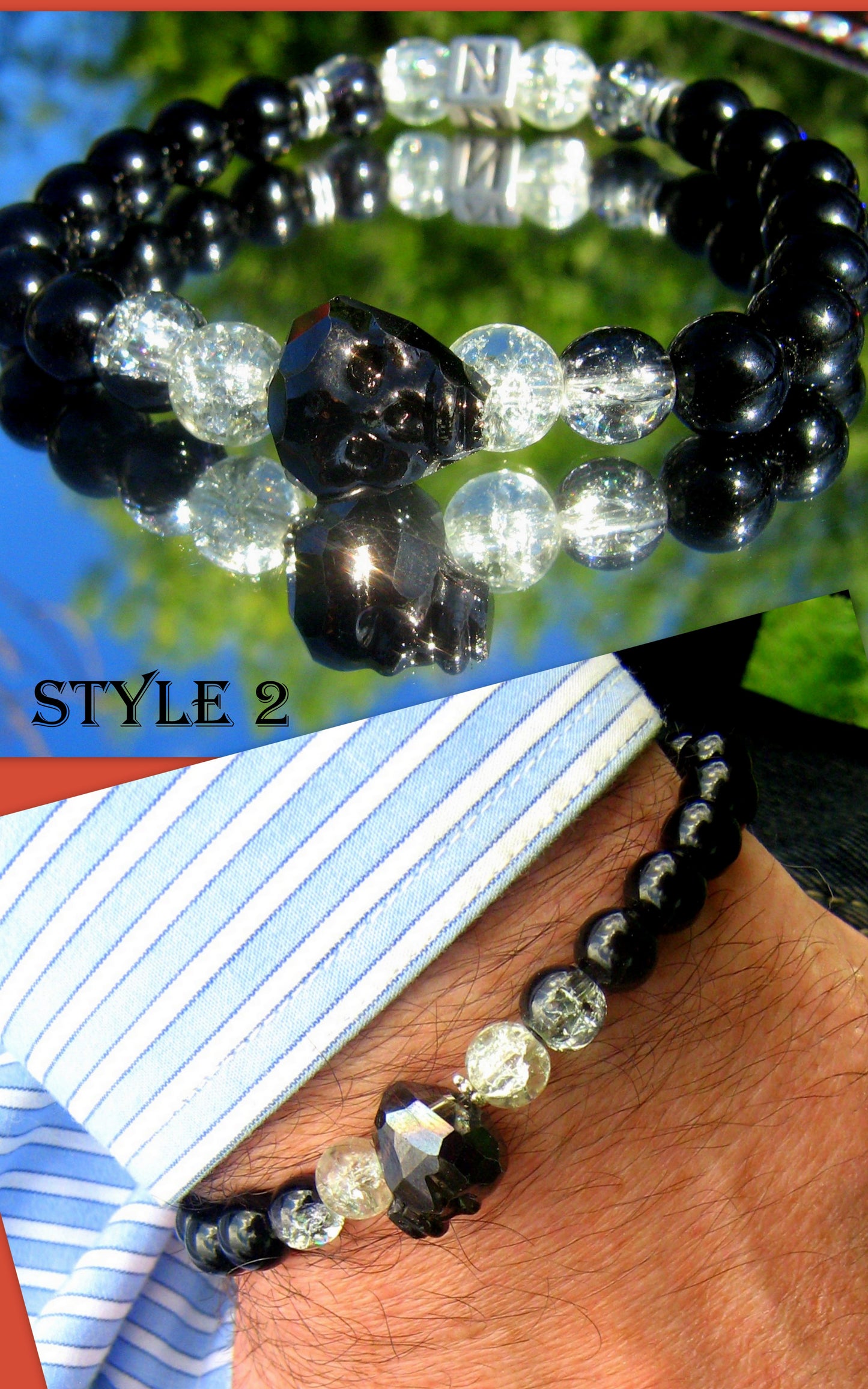 Men Swarovski SKULL custom Bracelet Tourmaline ONYX stone blue/black Skull punk bracelet, Handmade bracelet men gift