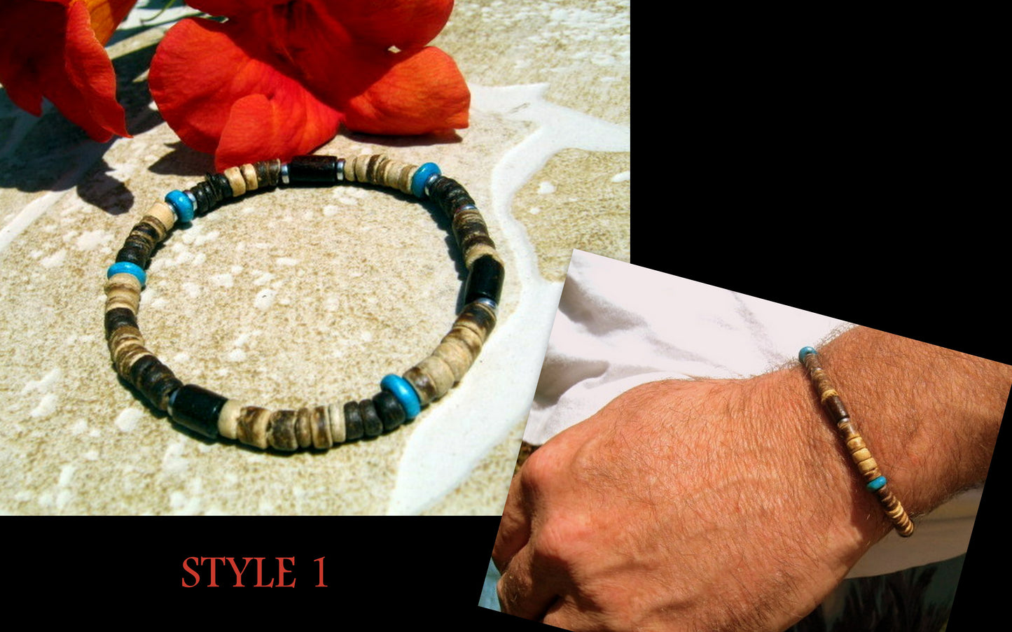 Men TURQUOISE Coco wood heishi Surfer Tribal set Bracelets, Healing stone, handmade bracelet men gift