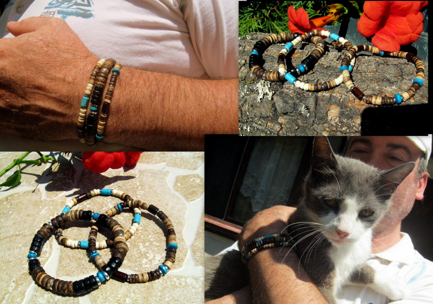 Men TURQUOISE white Coco wood heishi Surfer Tribal set Bracelets, Healing stone, handmade bracelet men gift