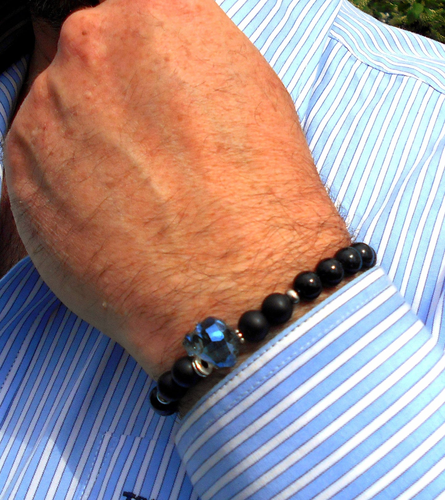 Men Swarovski SKULL custom Bracelet Tourmaline ONYX stone blue/black Skull punk bracelet, Handmade bracelet men gift