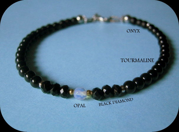 Men tiny OPAL Moonstone Onyx Tourmaline Spinel Black Diamond bracelet, protection precious which stone handmade slim bracelet men gift