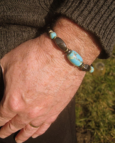 Men Bracelet blue AFRICAN TURQUOISE Hematite Onyx, spiritual jewelry Mala Protection Bracelet Healing stone, handmade bracelet men gift