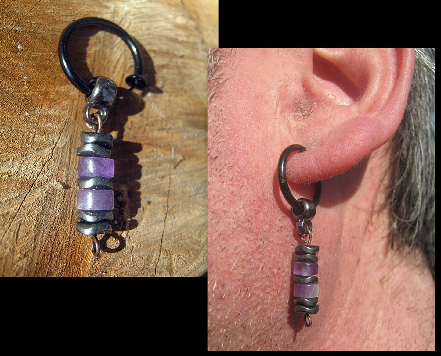 Men Earring AMETHYST heishi & Hematite stone, Dangle Hoop/ clip on black, mono single unisex stone Handmade earring men gift