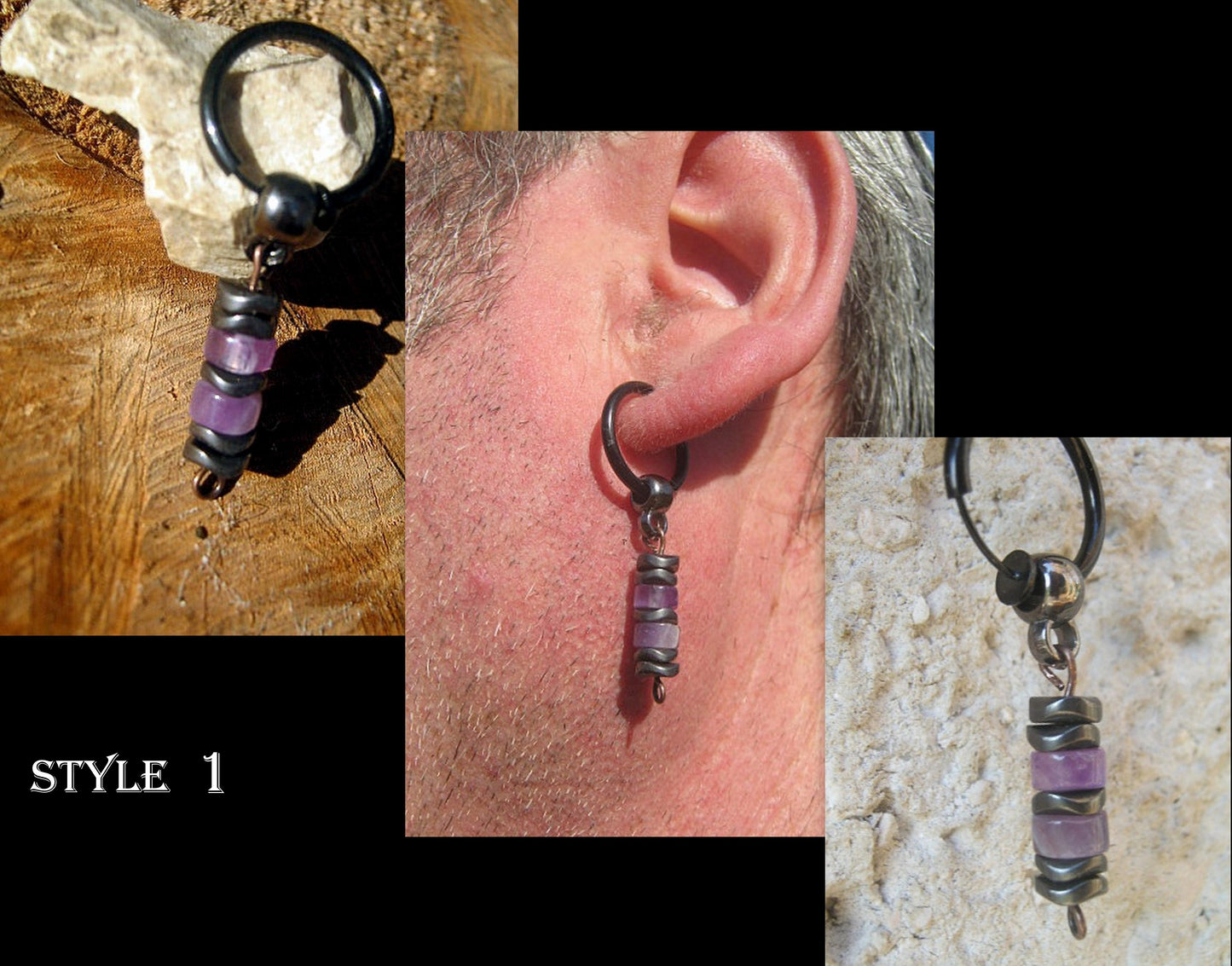 Men Earring AMETHYST heishi & Hematite stone, Dangle Hoop/ clip on black, mono single unisex stone Handmade earring men gift