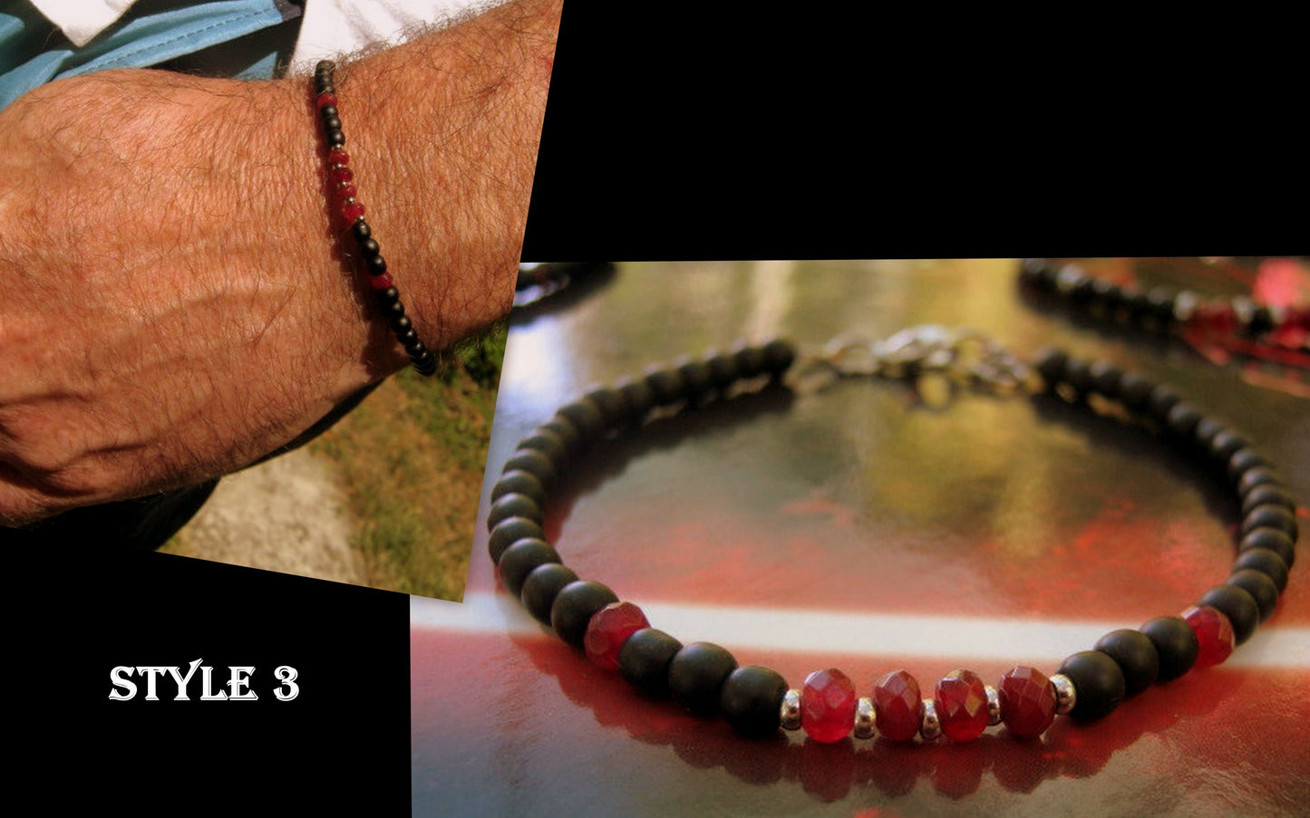 Men tiny RUBY Onyx Tourmaline Hematite Black Diamond Spinel bracelet, protection precious stone handmade slim bracelet men gift