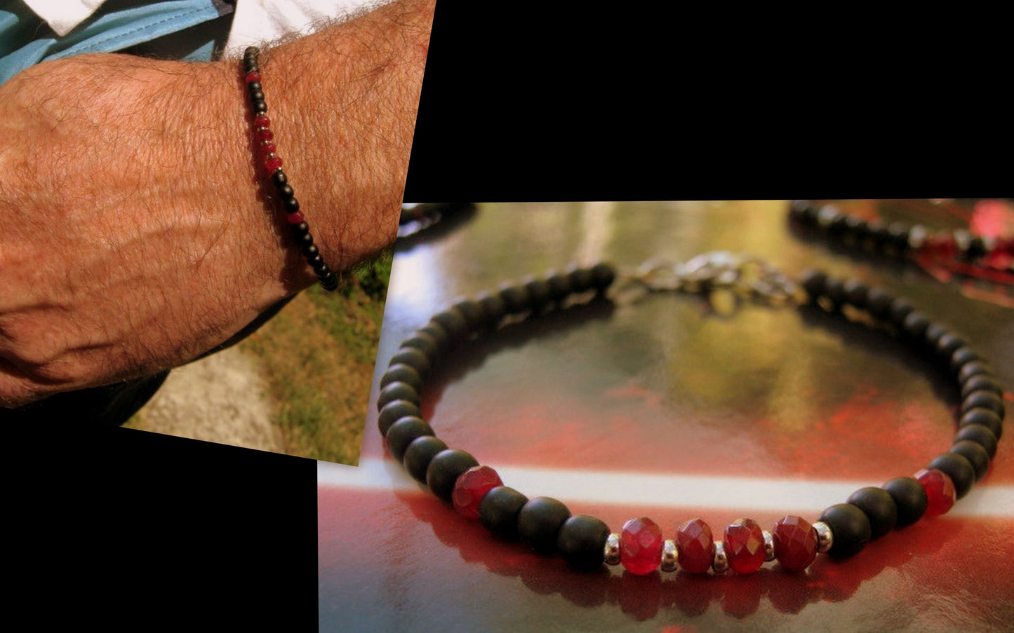 Men tiny RUBY Onyx Tourmaline Hematite Black Diamond Spinel bracelet, protection precious stone handmade slim bracelet men gift