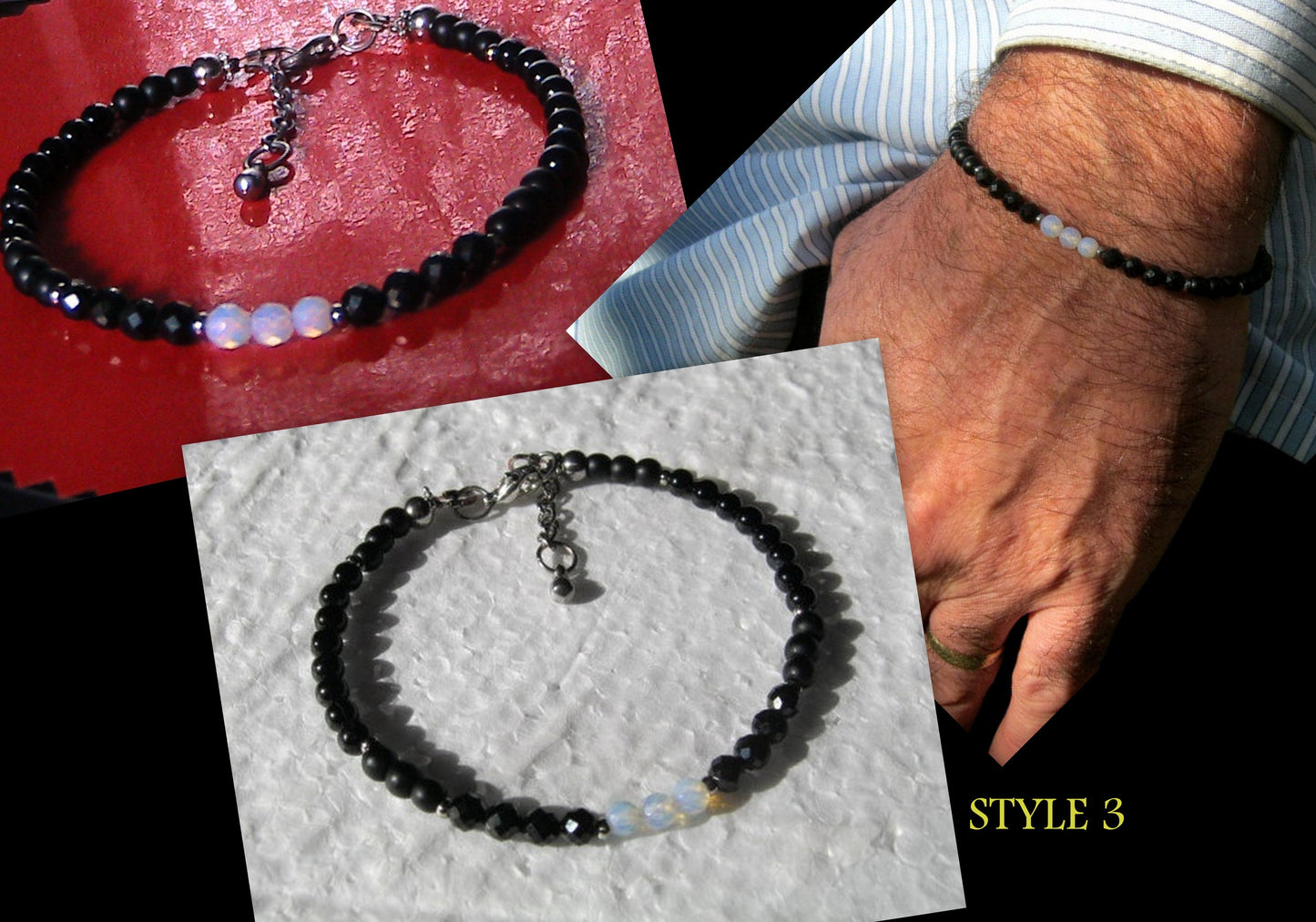 Men tiny OPAL Moonstone Onyx Tourmaline Spinel Black Diamond bracelet, protection precious which stone handmade slim bracelet men gift