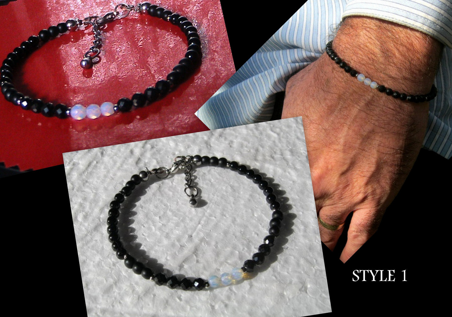 Men tiny OPAL Moonstone Onyx Tourmaline Spinel Black Diamond bracelet, protection precious which stone handmade slim bracelet men gift