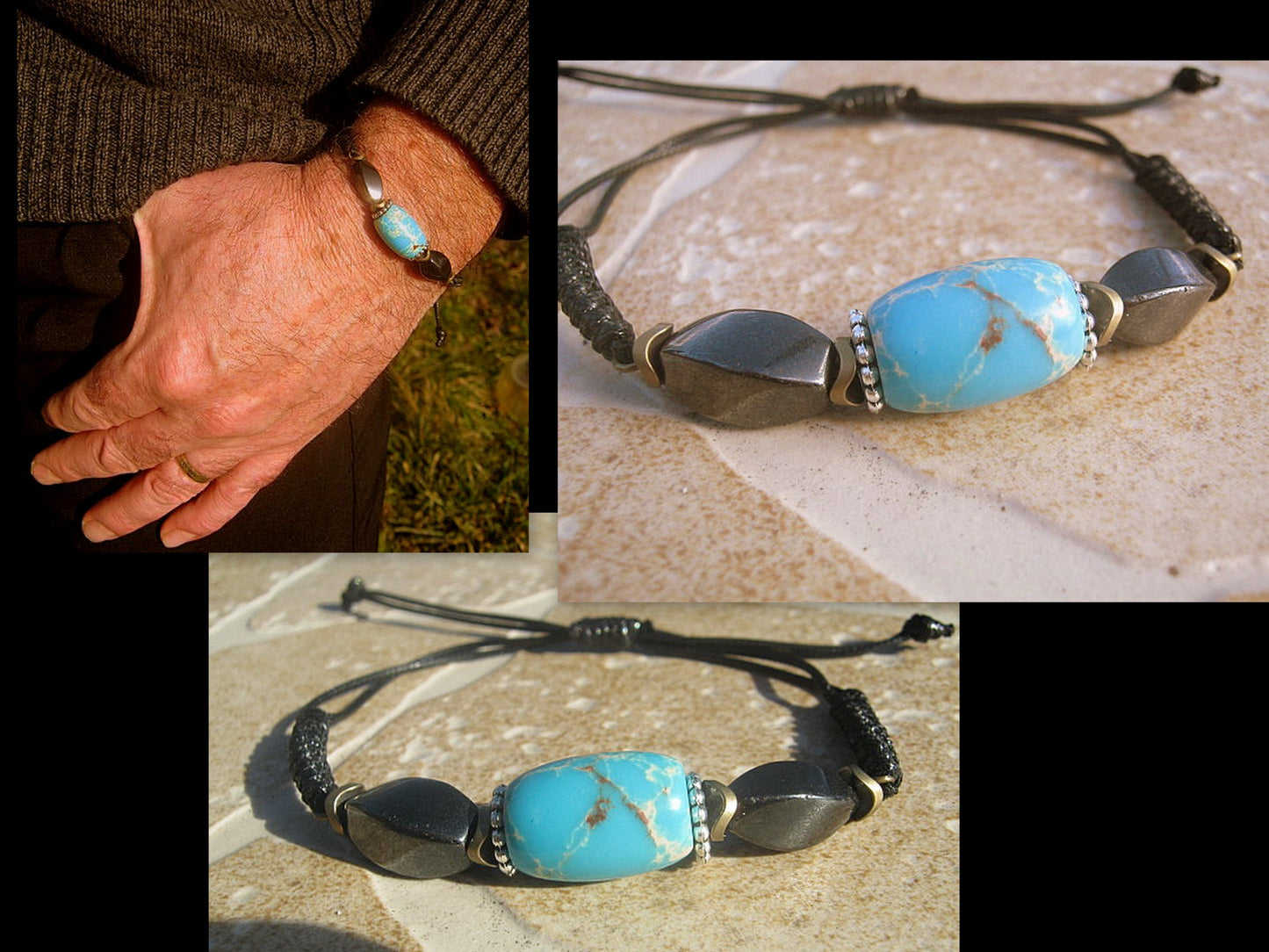 Men African TURQUOISE stone Hematite bracelet thin Cord slice knot Bracelet, Healing crystal, Stack slim set surfer Handmade bracelet men gift