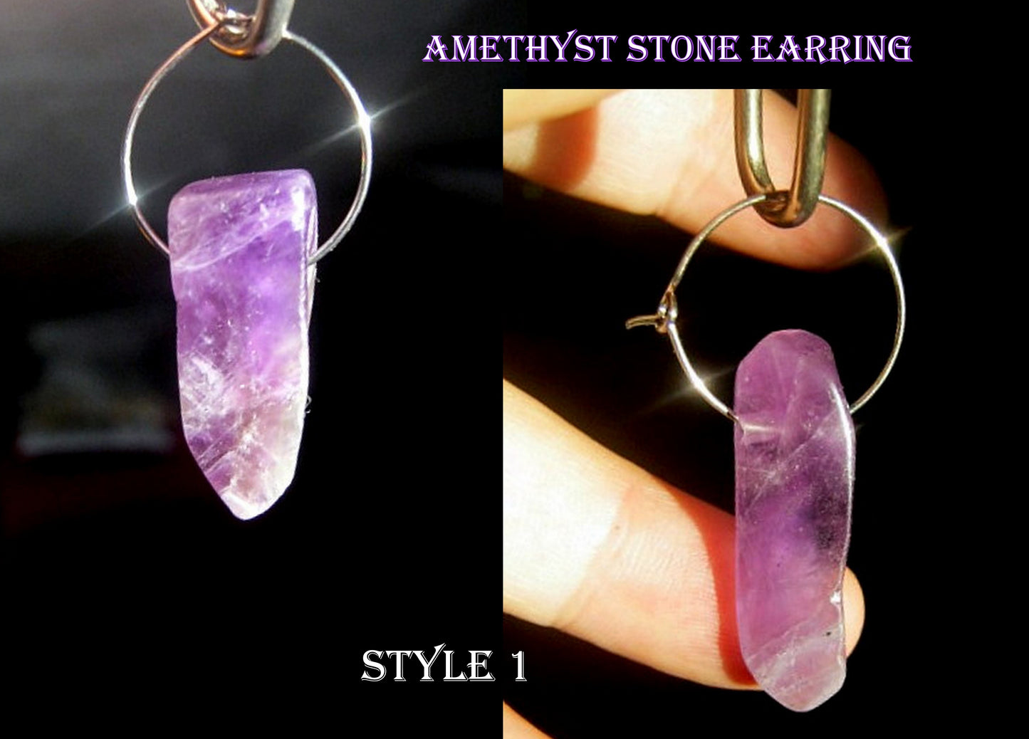 Men Earring AMETHYST stone pendant Dangle Hoop/ clip on black, mono single unisex stone Handmade earring men gift