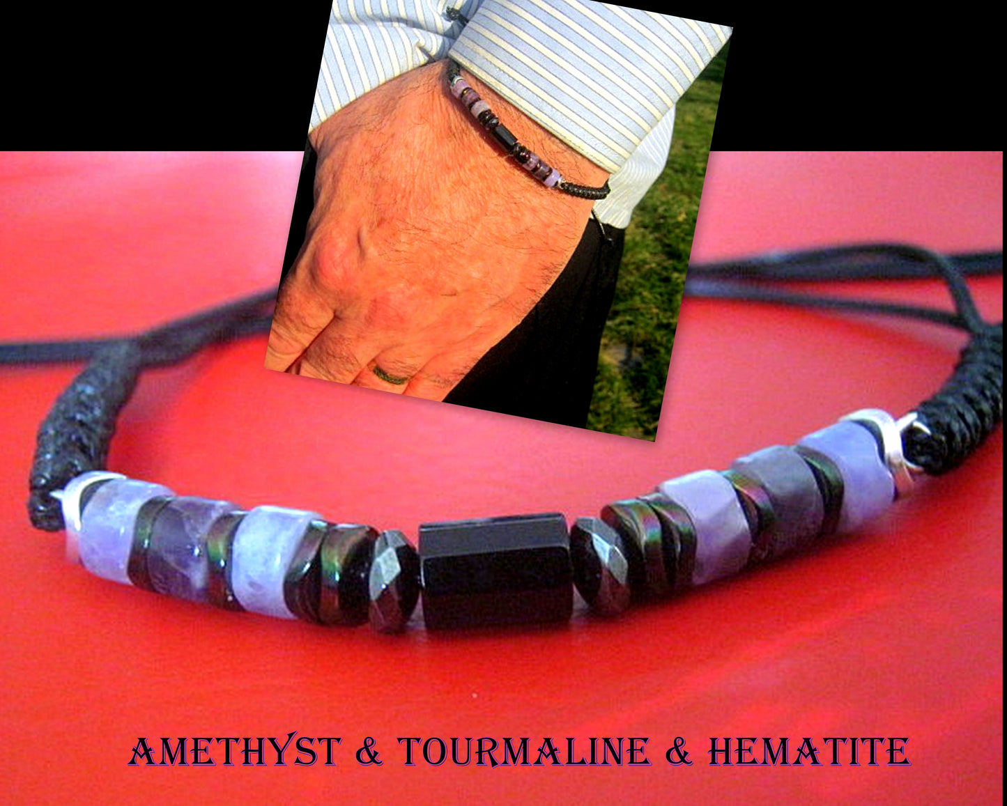 Men AMETHYST Hematite Tourmaline Cord Healing protection bracelet Men/ women/ couple gift, February stone, Handmade bracelet