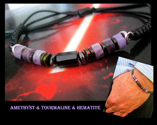 Men AMETHYST Hematite Tourmaline Cord Healing protection bracelet Men/ women/ couple gift, February stone, Handmade bracelet