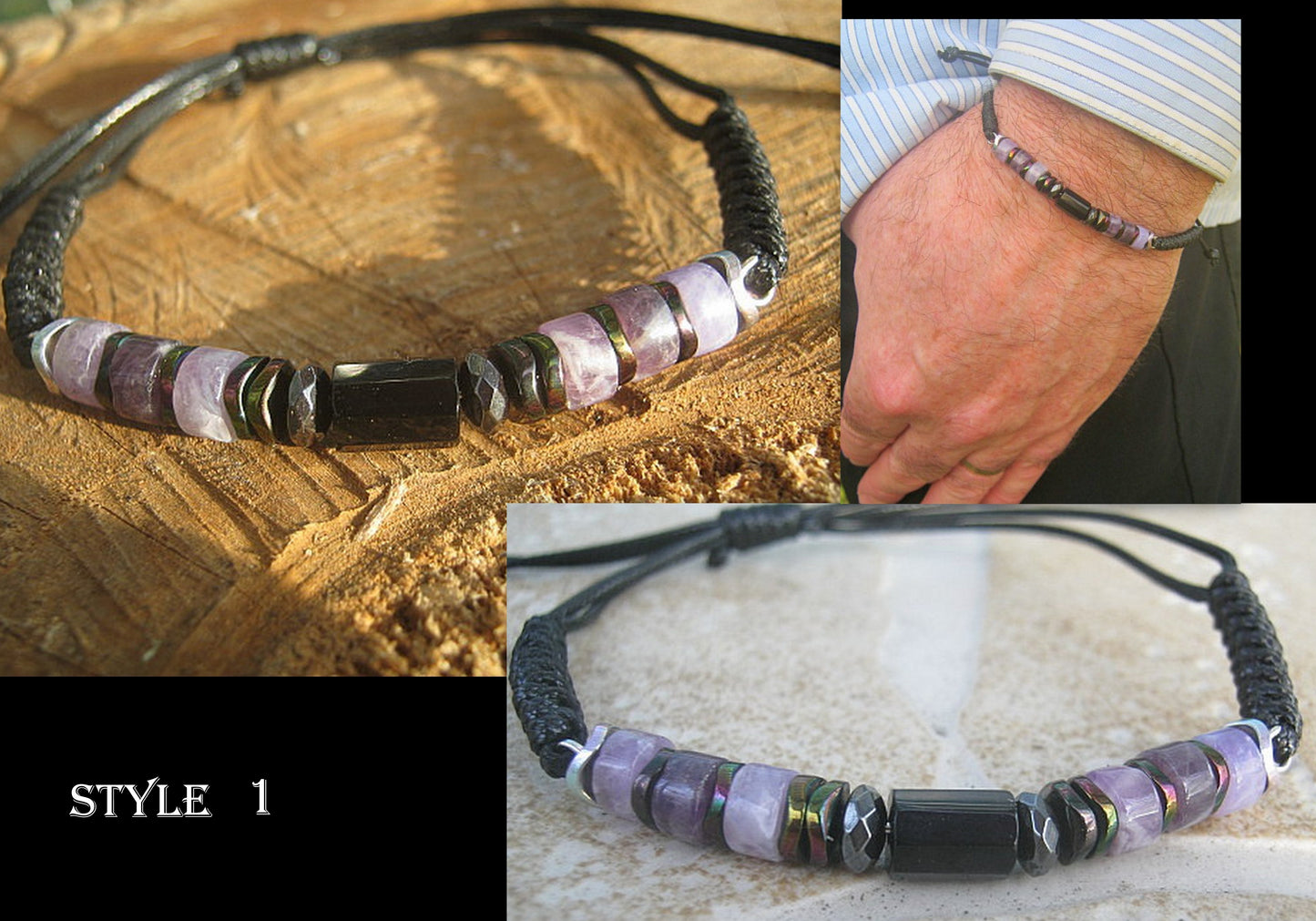 Men AMETHYST Hematite Tourmaline Cord Healing protection bracelet Men/ women/ couple gift, February stone, Handmade bracelet