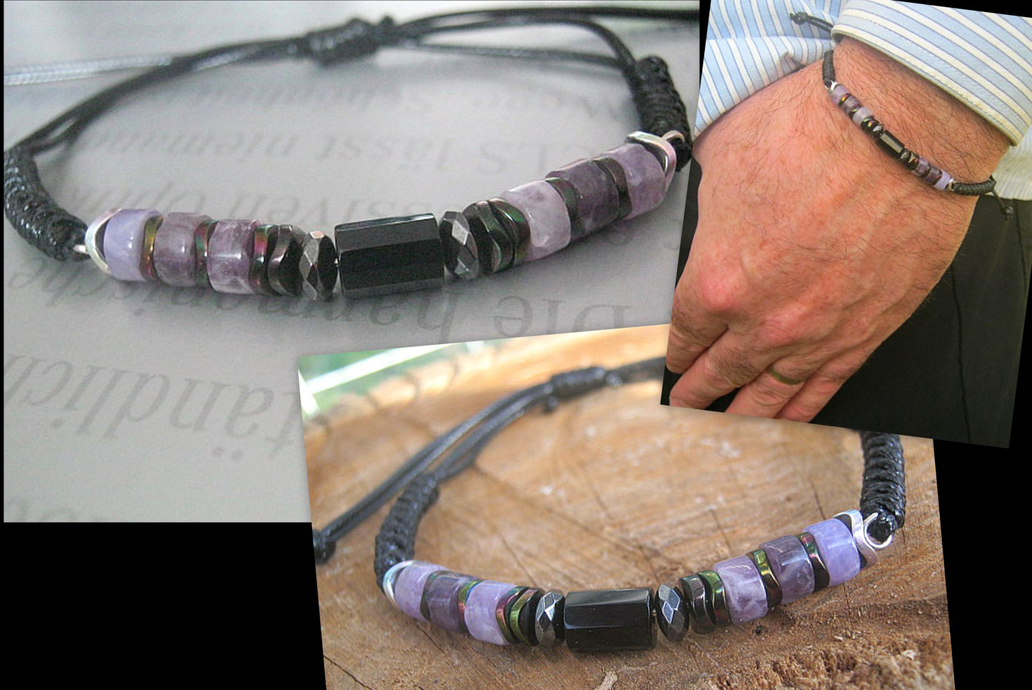 Men AMETHYST Hematite Tourmaline Cord Healing protection bracelet Men/ women/ couple gift, February stone, Handmade bracelet