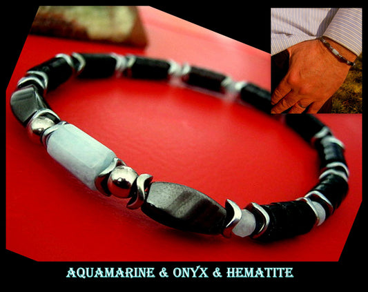 Men BRACELET AQUAMARINE Hematite protection abundance stone handmade bracelet men gift