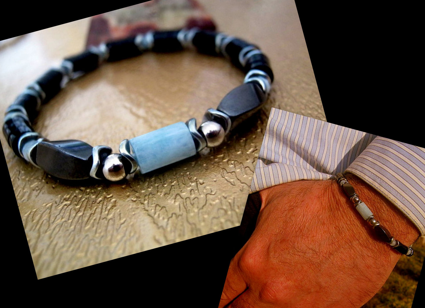 Men BRACELET AQUAMARINE Hematite protection abundance stone handmade bracelet men gift