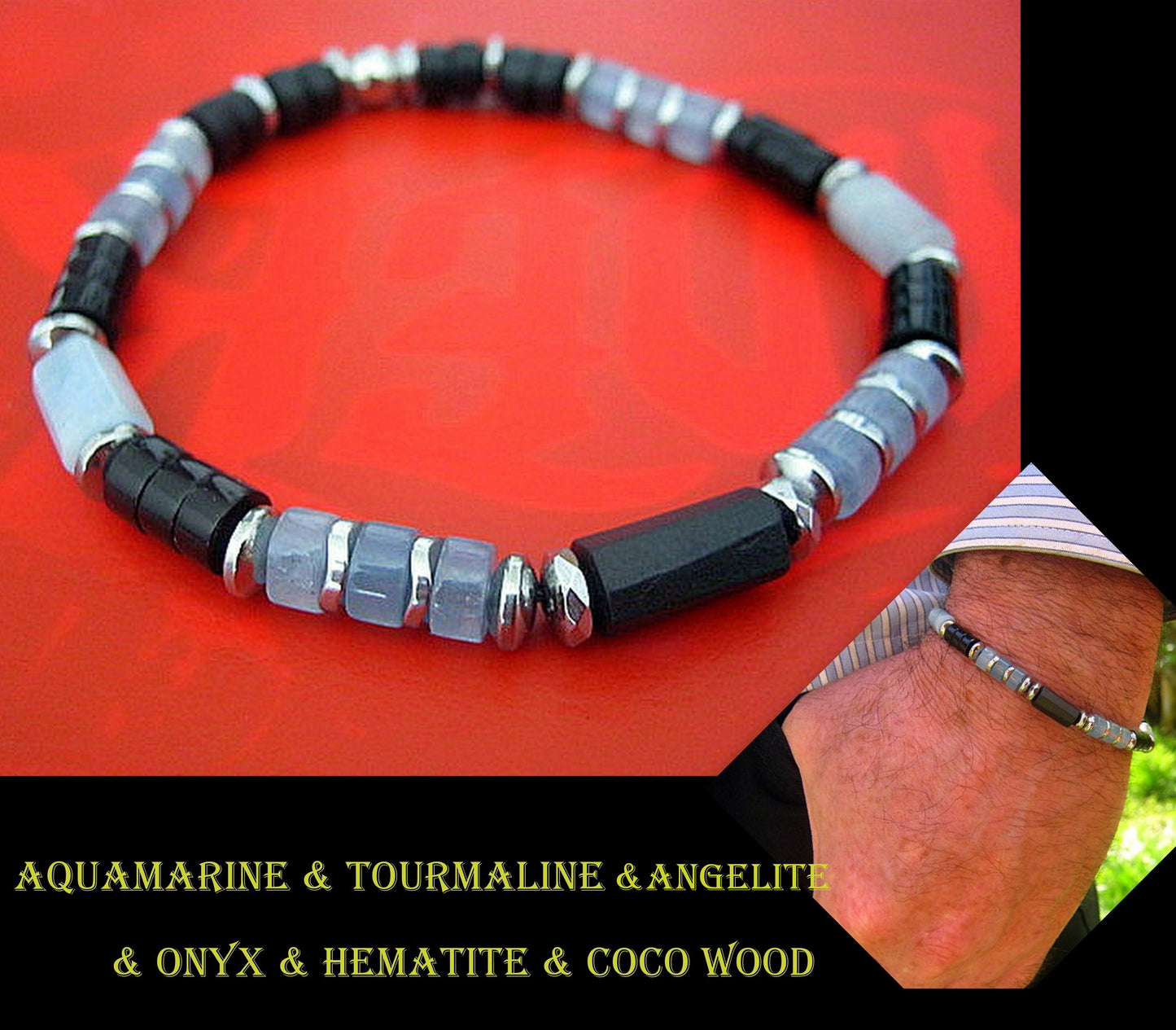 Men BRACELET AQUAMARINE & ANGELITE Tourmaline Hematite Onyx protection abundance stone handmade bracelet men gift