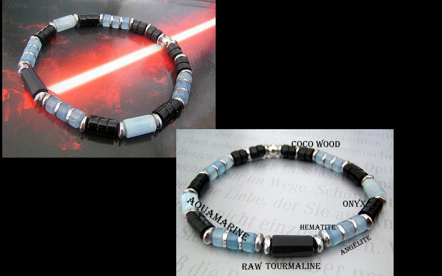 Men BRACELET AQUAMARINE & ANGELITE Tourmaline Hematite Onyx protection abundance stone handmade bracelet men gift