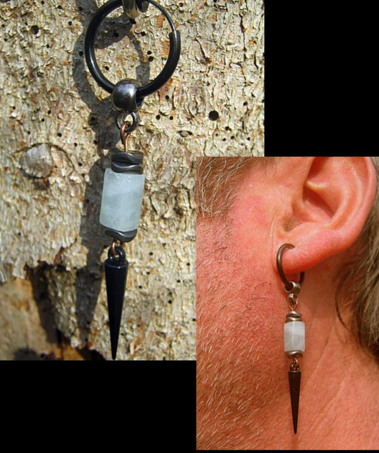 Men Earring AQUAMARINE stone & black Hematite stone, spike Dangle Hoop/ clip on black, stone, Handmade earring men gift