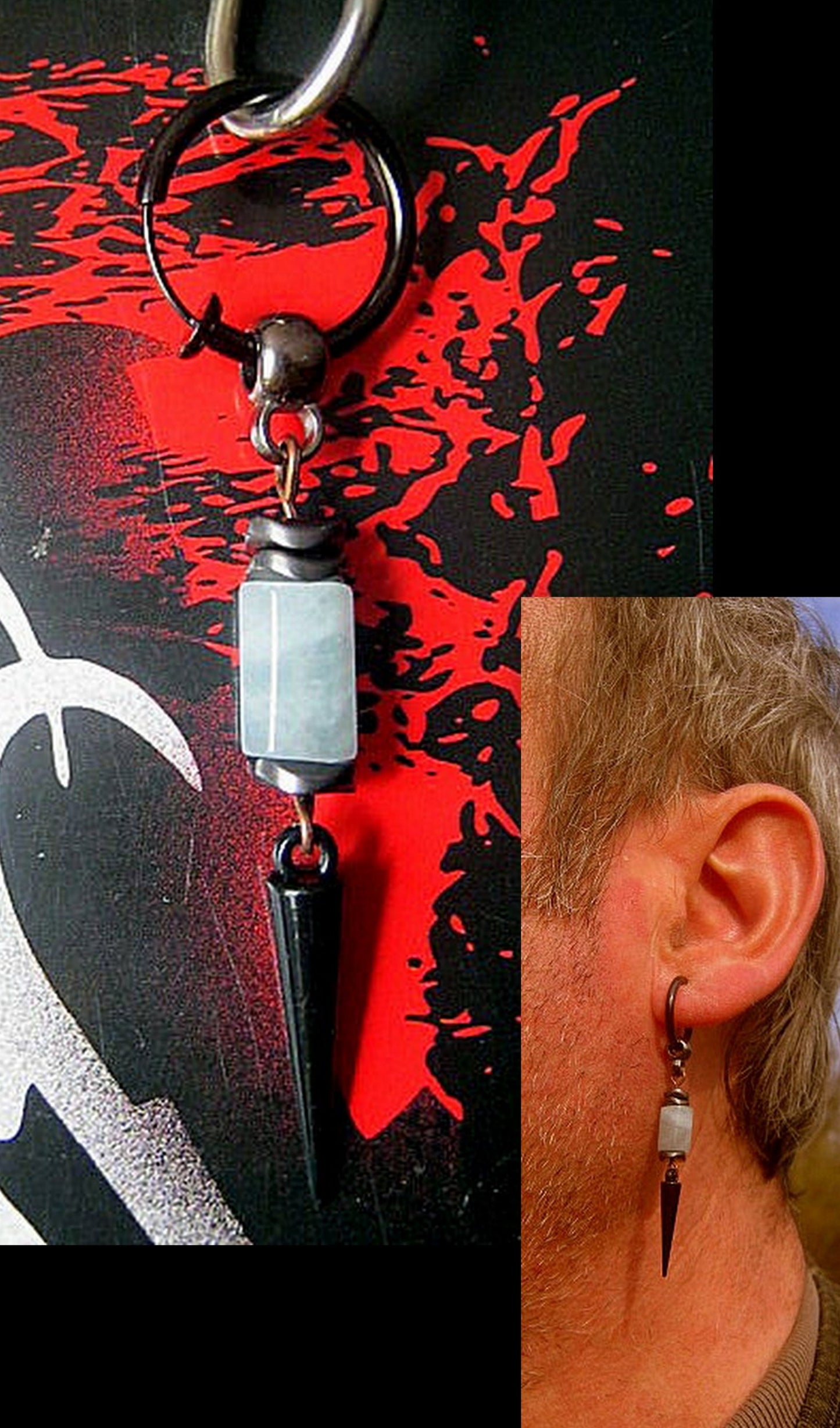 Men Earring AQUAMARINE stone & black Hematite stone, spike Dangle Hoop/ clip on black, stone, Handmade earring men gift
