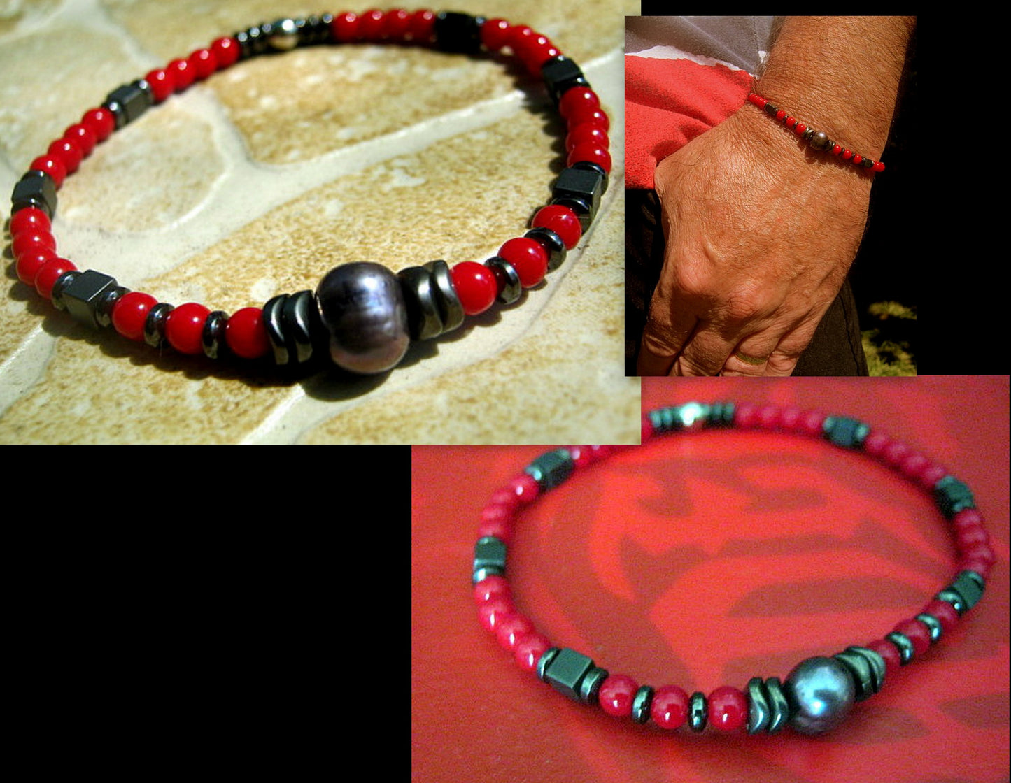 Men Bracelet black/blue Freshwater Pearl, Coral & Hematite wave, Red bracelet, Spiritual Healing surfer bracelet Men/women/couple gift, handmade bracelet