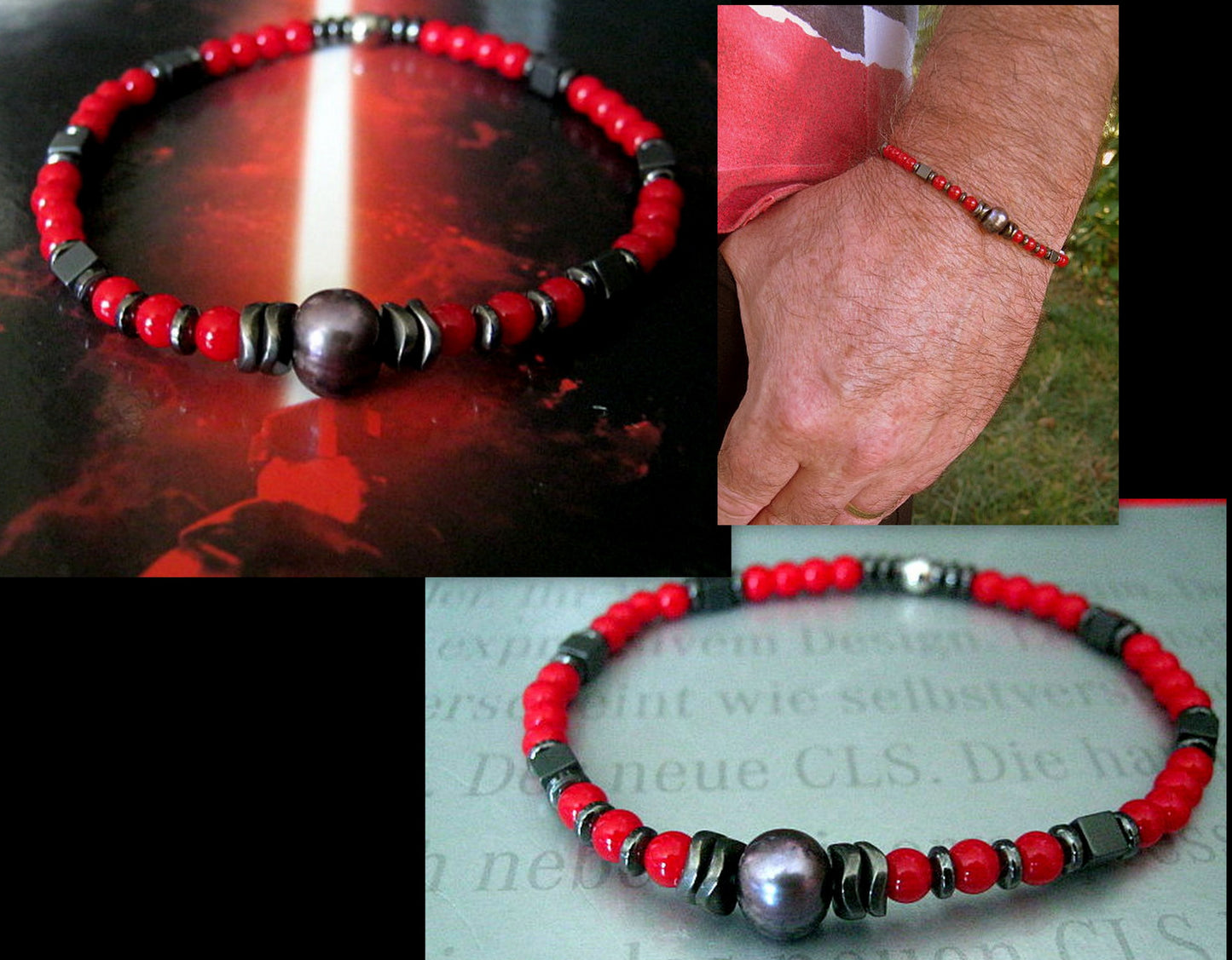 Men Bracelet black/blue Freshwater Pearl, Coral & Hematite wave, Red bracelet, Spiritual Healing surfer bracelet Men/women/couple gift, handmade bracelet
