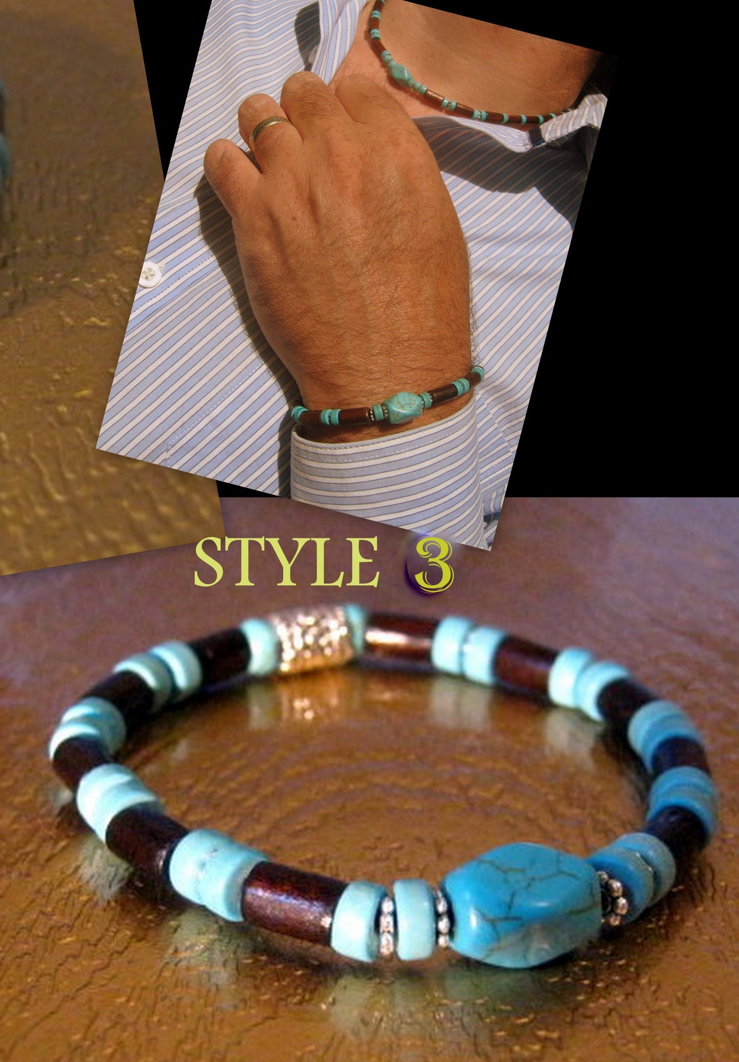 CAMELYS MAGIC 4 MEN - Men bracelet stone Turquoise, brown Coco wood heishi beads Onyx Hematite Healing stone, Tribal handmade bracelet men gift