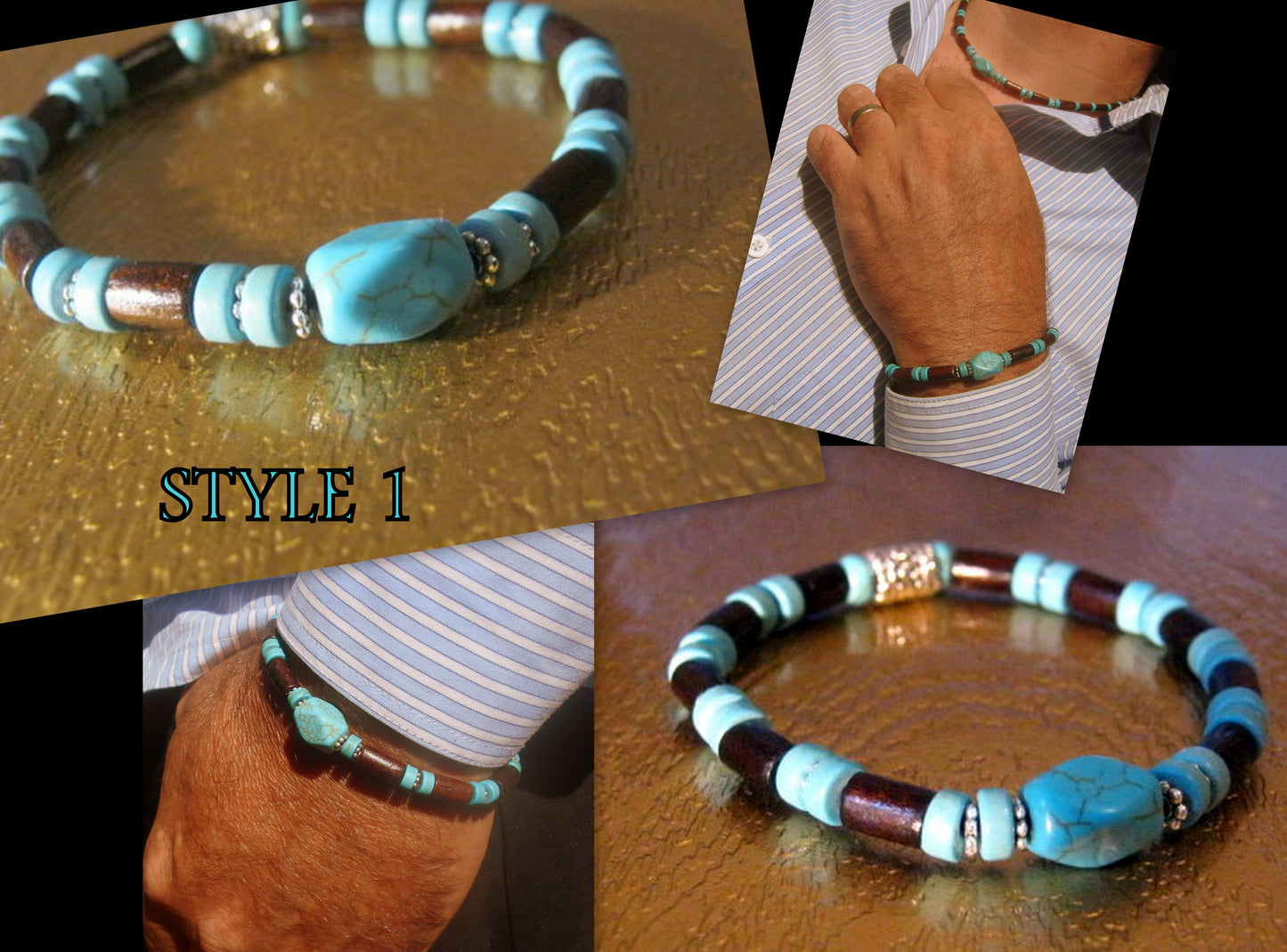 CAMELYS MAGIC 4 MEN - Men bracelet stone Turquoise, brown Coco wood heishi beads Onyx Hematite Healing stone, Tribal handmade bracelet men gift