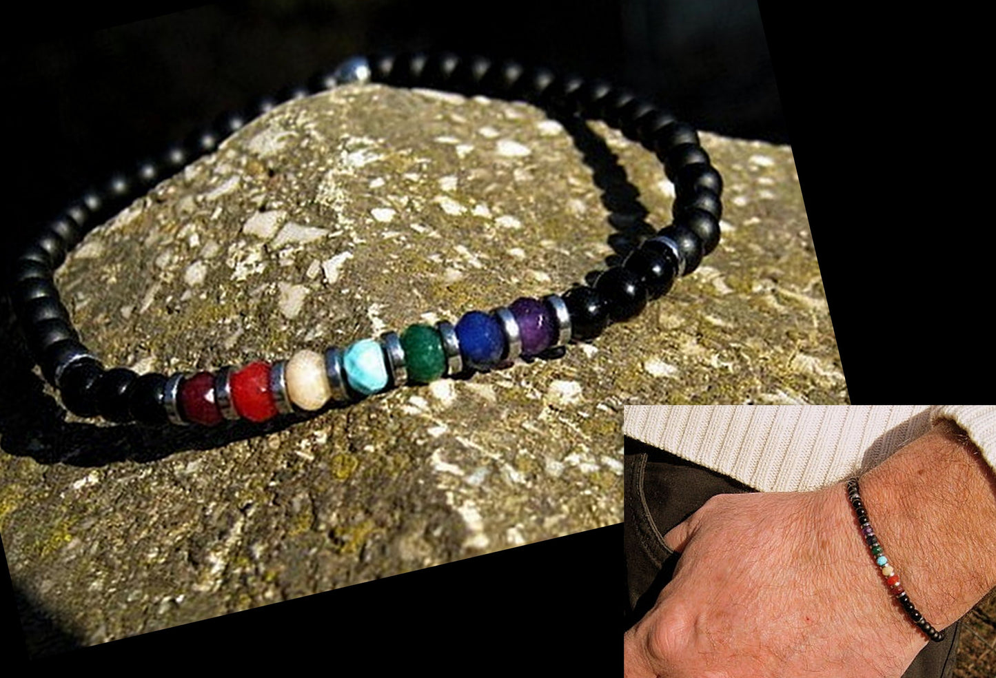 Men tiny PERIDOT Onyx Tourmaline Spinel Black Diamond Emerald bracelet, protection precious stone handmade slim bracelet men gift