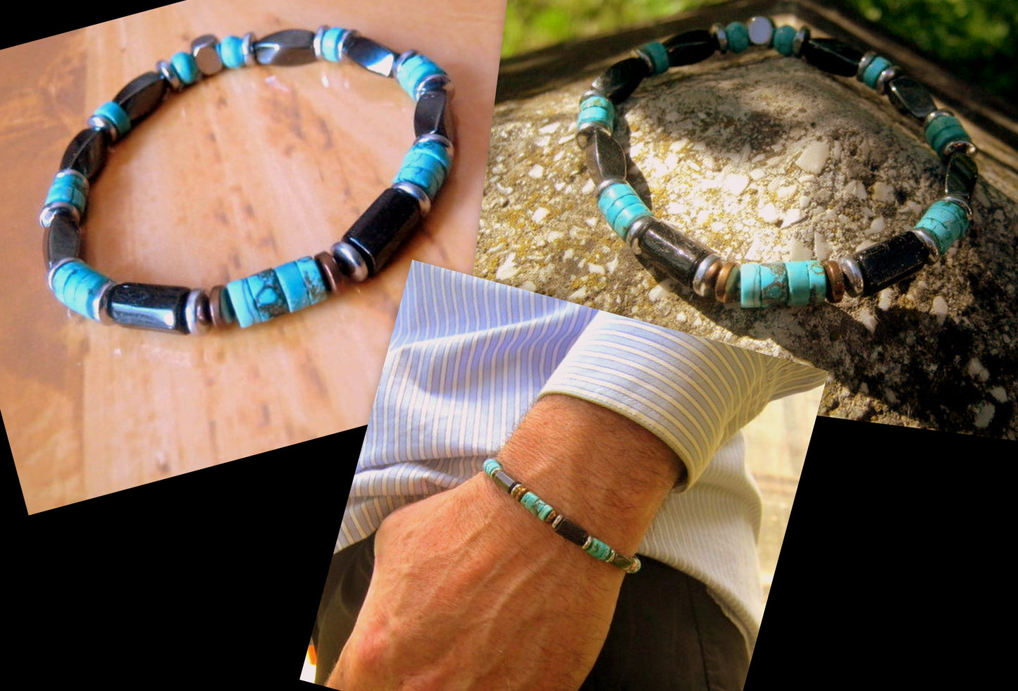 CAMELYS MAGIC 4 MEN - Bracelet african TURQUOISE Tourmaline Onyx Lava Coco wood heishi Hematite Healing stone, handmade bracelet men gift