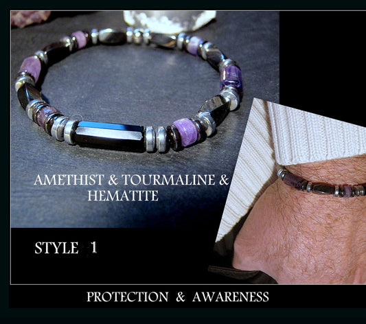 Camelys magic 4Men - Men bracelet AMETHYST Tourmaline Healing protection stone, handmade bracelet Men gift