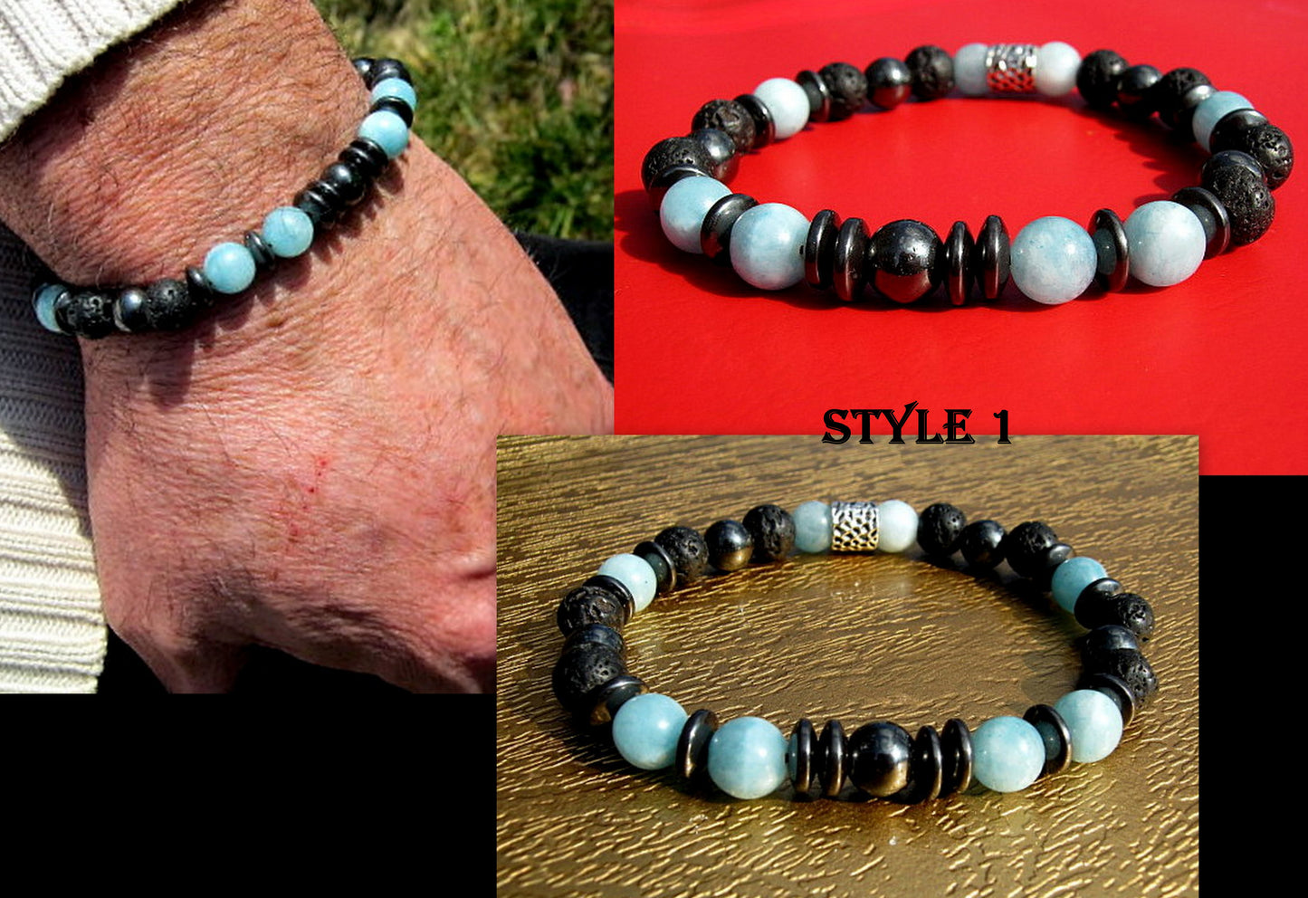 Men BRACELET AQUAMARINE Lapis Lazuli Lava Onyx protection abundance stone handmade bracelet men gift