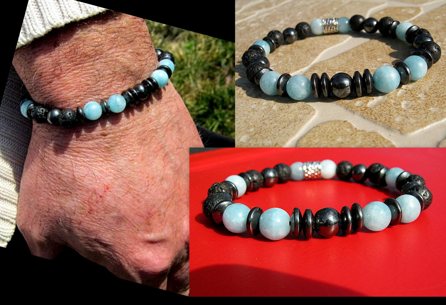 Men BRACELET AQUAMARINE Lapis Lazuli Lava Onyx protection abundance stone handmade bracelet men gift
