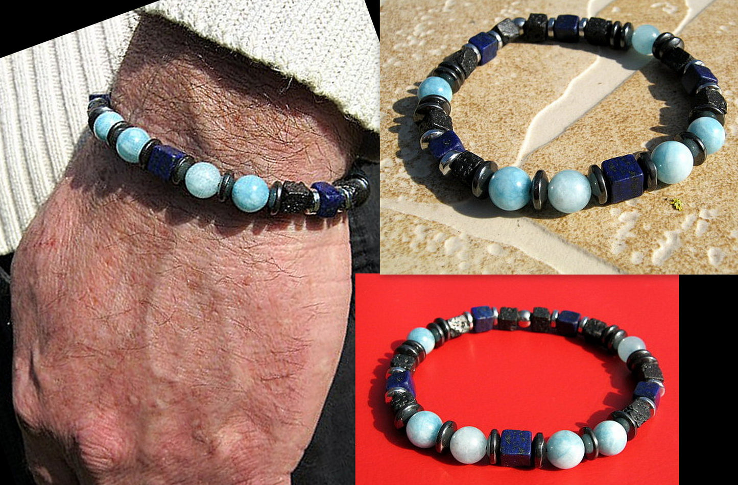Men BRACELET AQUAMARINE Lapis Lazuli Lava Onyx protection abundance stone handmade bracelet men gift