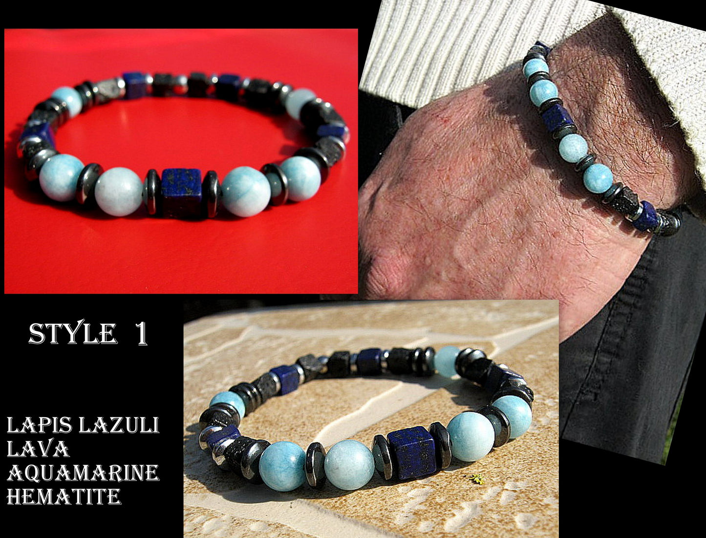 Men BRACELET AQUAMARINE Lapis Lazuli Lava Onyx protection abundance stone handmade bracelet men gift