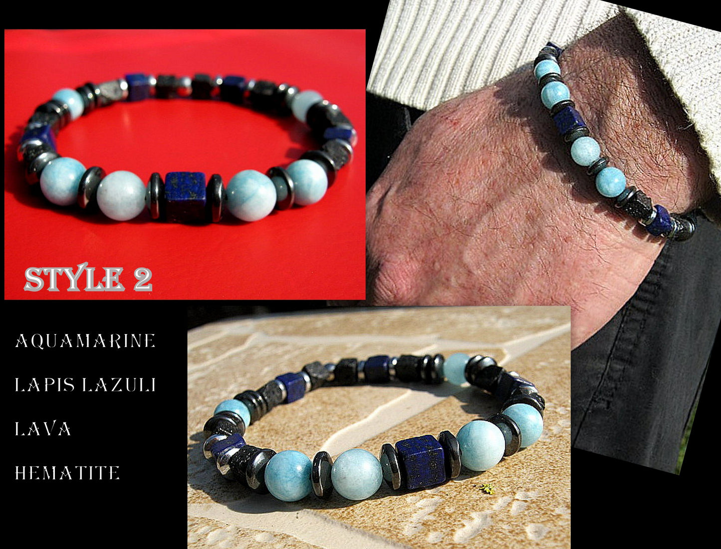 Men BRACELET AQUAMARINE Lapis Lazuli Lava Onyx protection abundance stone handmade bracelet men gift