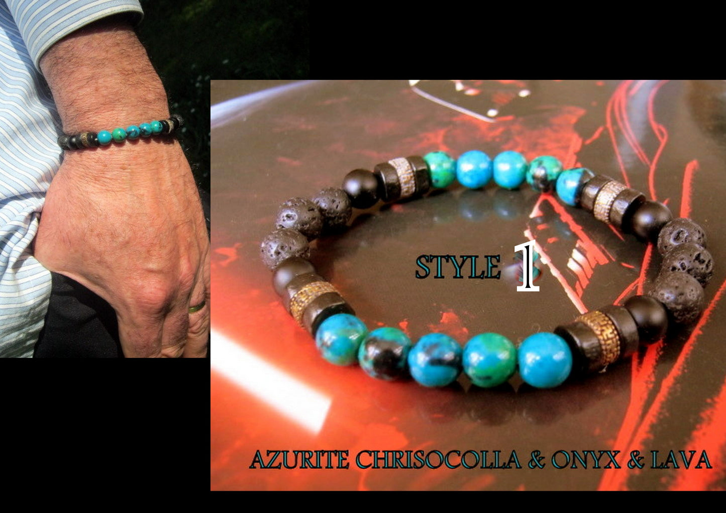 Men Turquoise CHRISOCOLLA stone Bracelet LAVA Tourmaline & Onyx coco wood beads Hematite Healing stone, Tribal handmade bracelet men gift