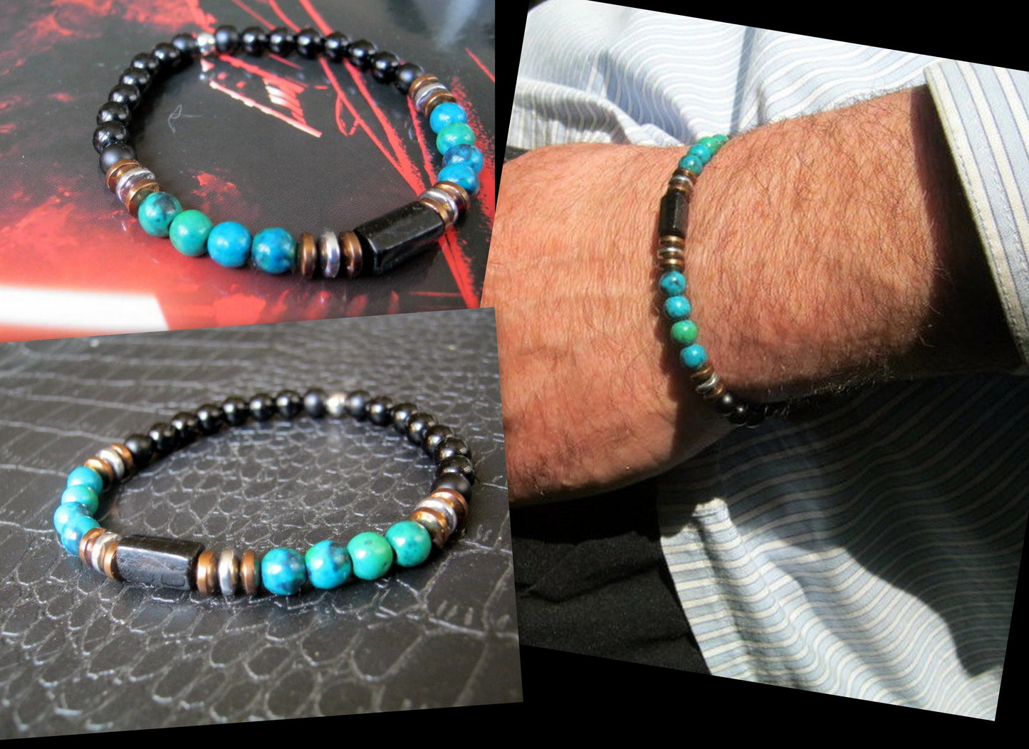 Men Turquoise CHRISOCOLLA stone Bracelet Onyx Tourmaline & LAVA coco wood beads Hematite Healing stone, Tribal handmade bracelet men gift