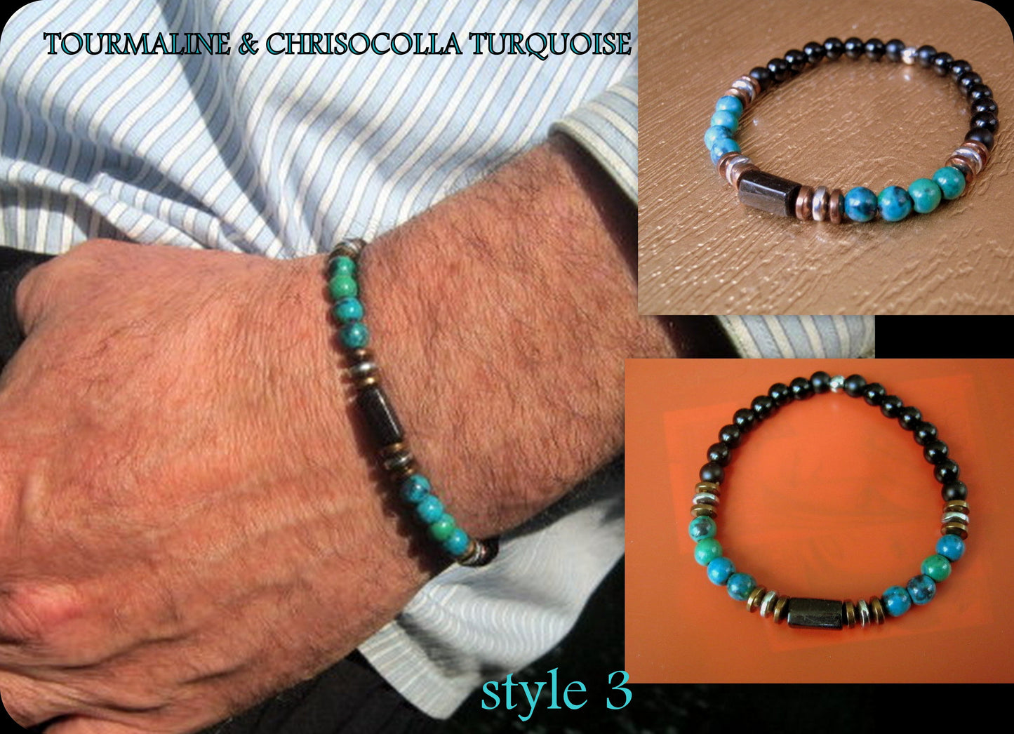 Men Turquoise CHRISOCOLLA stone Bracelet Onyx Tourmaline & LAVA coco wood beads Hematite Healing stone, Tribal handmade bracelet men gift