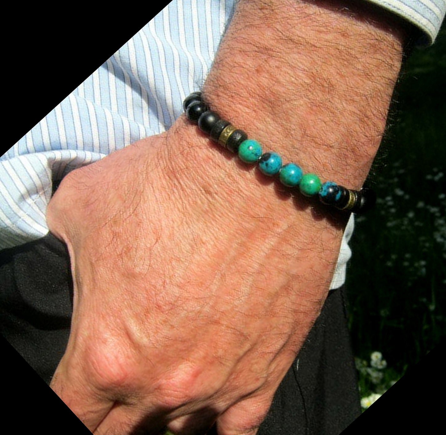 Men Turquoise CHRISOCOLLA stone Bracelet Onyx Tourmaline & LAVA coco wood beads Hematite Healing stone, Tribal handmade bracelet men gift