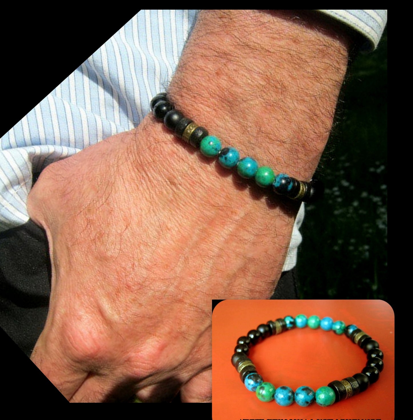 Men Turquoise CHRISOCOLLA stone Bracelet LAVA Tourmaline & Onyx coco wood beads Hematite Healing stone, Tribal handmade bracelet men gift