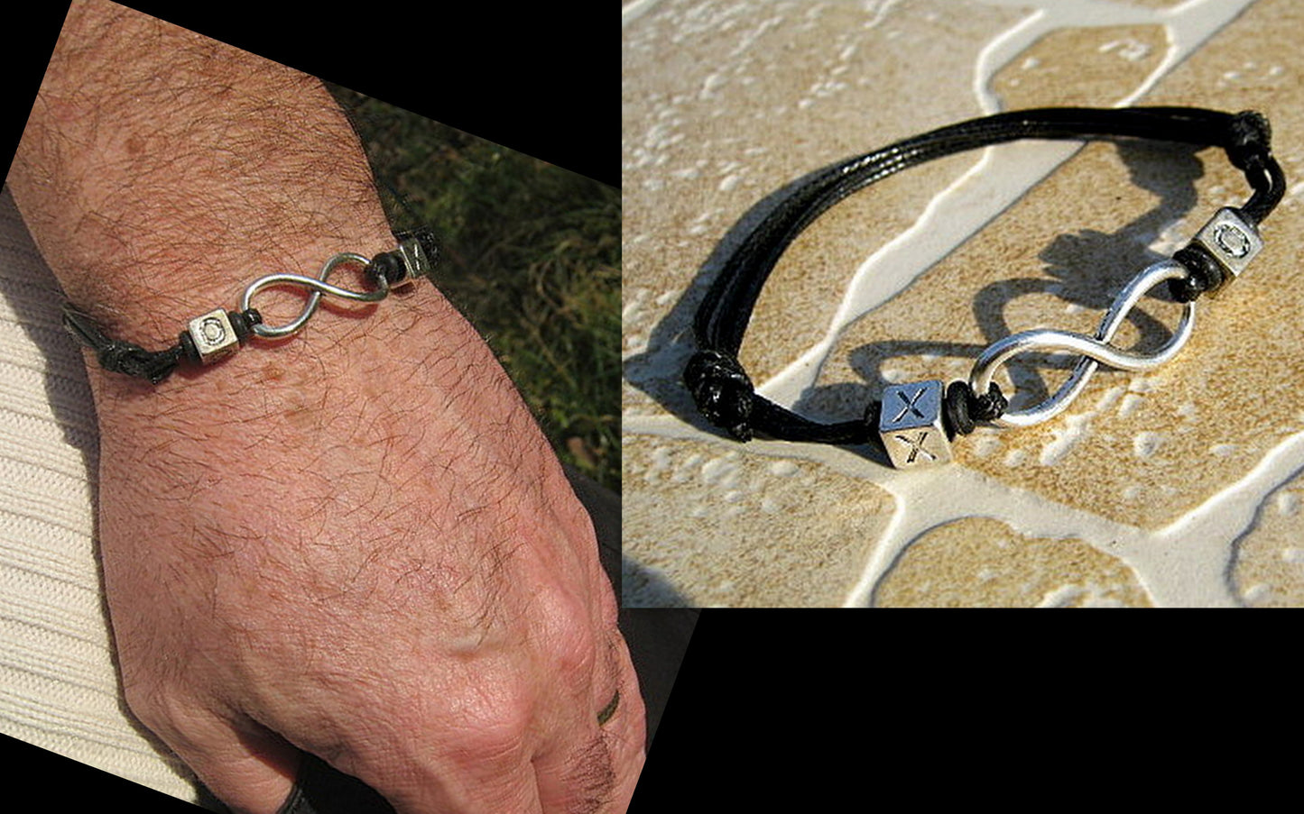 Men silver double INFINITY bracelet thin Cord slice knot custom initial zodiac Bracelet, Stack slim set surfer Handmade bracelet men gift