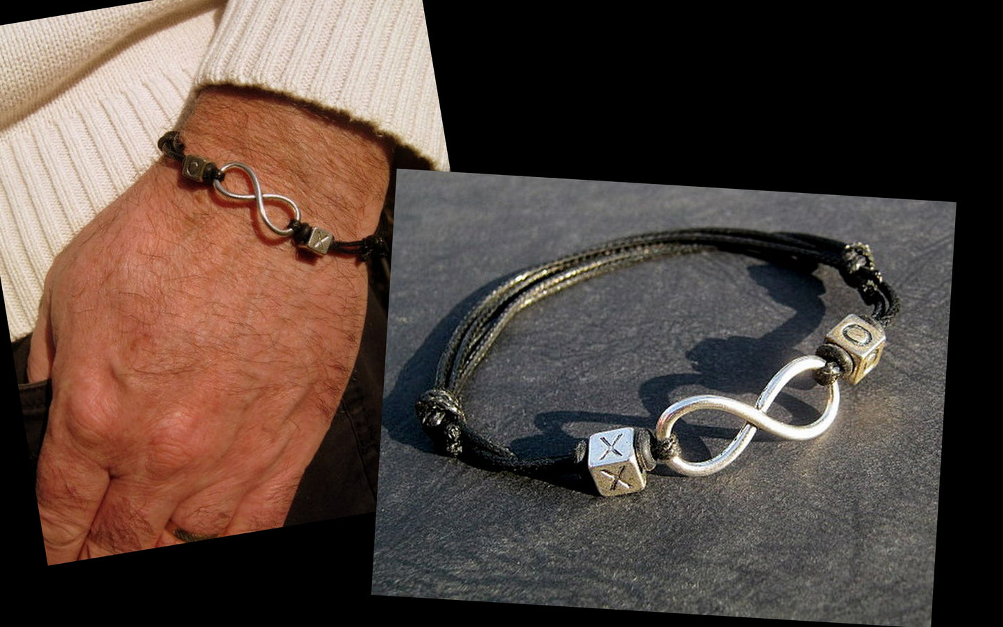 Men silver double INFINITY bracelet thin Cord slice knot custom initial zodiac Bracelet, Stack slim set surfer Handmade bracelet men gift