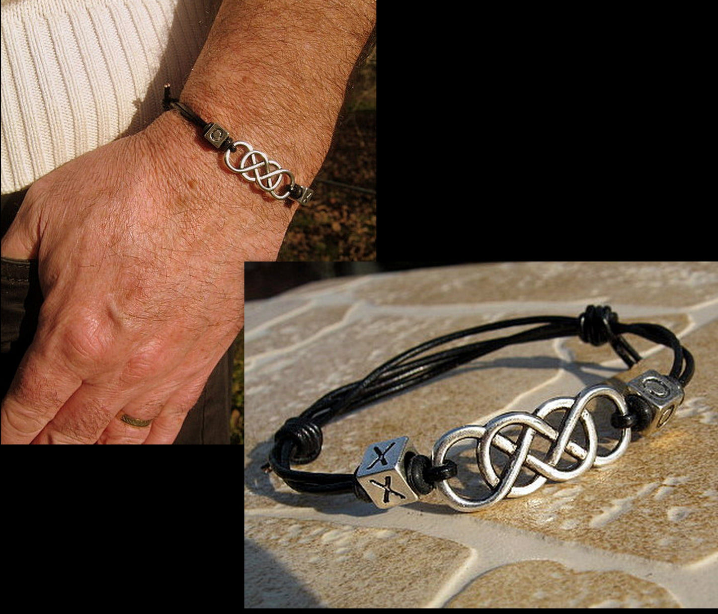 Men silver double INFINITY bracelet thin Cord slice knot custom initial zodiac Bracelet, Stack slim set surfer Handmade bracelet men gift