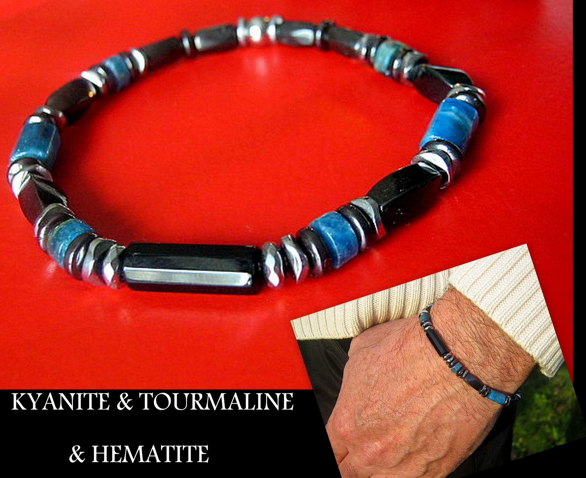 CAMELYS MAGIC 4 MEN - Men Bracelet Blue KYANITE LAVA Tourmaline Apatite, 925 St. Silver, Protection Healing stone, handmade bracelet men gift