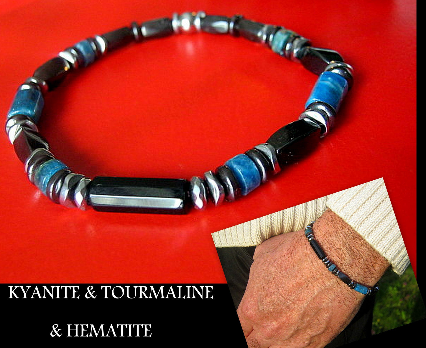 CAMELYS MAGIC 4 MEN - Men Bracelet Blue KYANITE LAVA Tourmaline Apatite, 925 St. Silver, Protection Healing stone, handmade bracelet men gift
