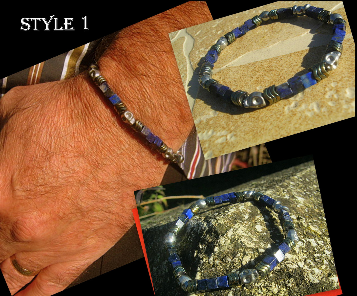 Men Bracelet LAPIS LAZULI Hematite Skull Punk Tourmaline Protection stone, handmade bracelet men gift